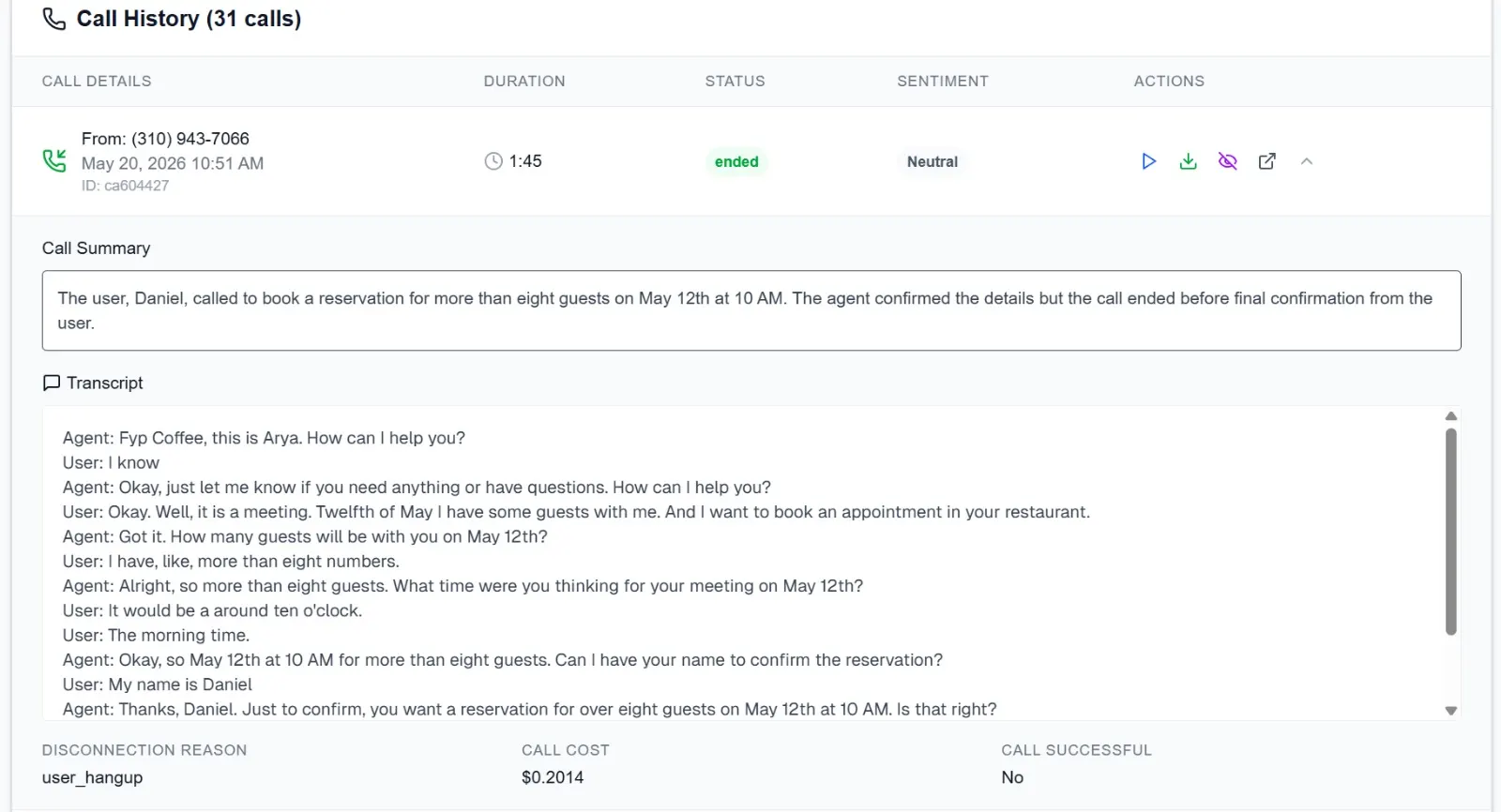 AI Agent Call Data